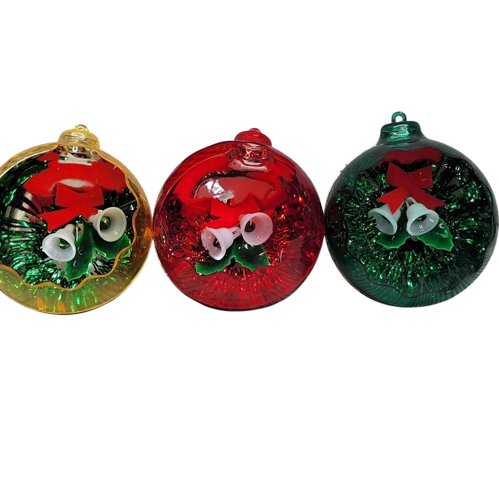 3 Diorama Hard Plastic Christmas Tree Ornament Bells Bow Gold Red Green Vtg